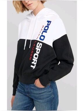 Polo Ralph Lauren Women's Black/White Logo Hoodie Size M 1967 Shield Patch